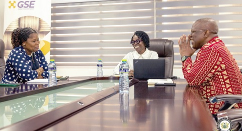 Dr Nii Moi Thompson (right), Chairman, NDPC, interacting with Abena Amoah (middle), Managing Director, GSE, and Diane Okine, GSE’s Head of Strategy