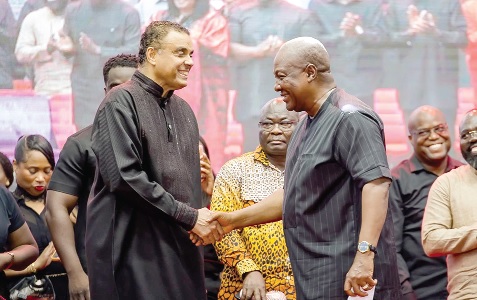 President John Dramani Mahama (right) exchanging pleasantries with Bishop Dag Heward-Mills during the service President John Dramani Mahama (right) exchanging pleasantries with Bishop Dag Heward-Mills during the service