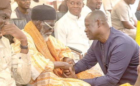 Emmanuel Armah-Kofi Buah (right), Minister of Lands and Natural Resources, exchanging pleasantries with the National Chief Imam, Sheikh Dr Osman Nuhu Sharubutu