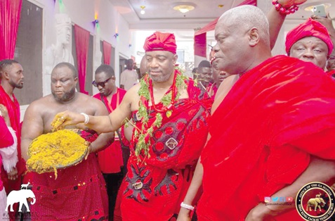 Nii Tackie Teiko Tsuru II, Ga Mantse, and his kingsmen performing the sacred Kpokpoi sprinkling ritual at selected clan houses last Saturday