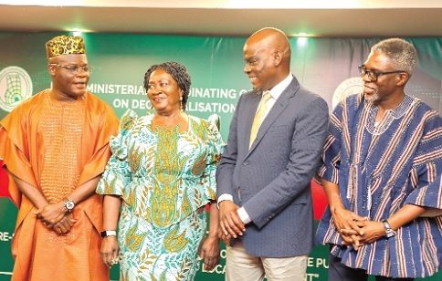 Ahmed Ibrahim (left), Minister of Local Government, Chieftaincy and Religious Affairs, interacting with Prof. Naana Jane Opoku-Agyemang (2nd from left), Vice-President; Haruna Iddrisu (2nd from right), Minister of Education, and Dr Gameli Kewuribe Hoedoafia (right), Executive Secretary of the Inter-Ministerial Coordinating Committee on Decentralisation, at the meeting. Picture: ELVIS NII NOI DOWUONA 