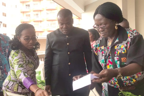 Prof. Marian Quain (left), explaining a point to Bright Demordzi (2nd from right), Coordinator of Feed Ghana. With them is Beatrice Aighewi (right), Seed Systems Specialist, IITA. Picture: ESTHER ADJORKOR ADJEI