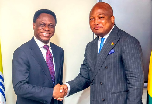 Samuel Okudzeto Ablakwa (right), Minister of Foreign Affairs, in a handshake with Apostle Eric Nyamekye (left), the Chairman of the Church of Pentecost