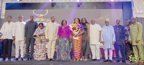 Vice-President Prof. Naana Jane Opoku-Agyemang (6th from left) and Wilhelmina Asamoah (4th from right), Chief Director, Ministry of Sports and Recreation, who was adjudged the Overall Best Chief Director, with other awardees after the event