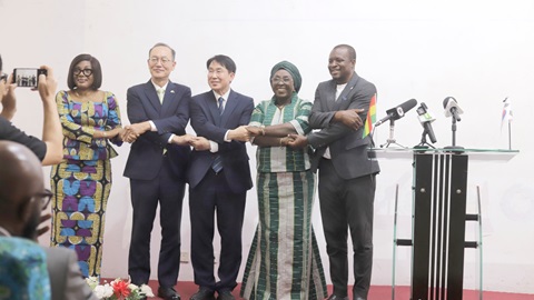 Abla Dzifa Gomashie (2nd from right), Minister of Tourism, Culture and Creative Arts; Prof. Osman Damba Tahidu (right), Secretary-General, Ghana Commission for UNESCO; Dr Hyunik Hong’ (3rd from right), Secretary-General, Korean National Commission for UNESCO; Park Kyongsig (2nd from left), South Korean Ambassador to Ghana, and a representative of Haruna Iddrisu, Minister of Education, launching the the Korea-Ghana Heritage Project.Picture: EDNA SALVO KOTEY