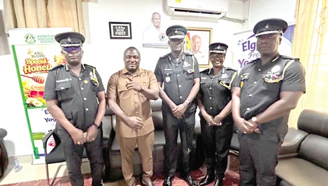 Abubakar Sedik (2nd from left), DCE for Ahafo Ano South West, with COP Osei Akoto Arthur (middle), Ashanti Regional Police Commander, and ACP Francis Somia, his 2IC (left), and other senior police officers