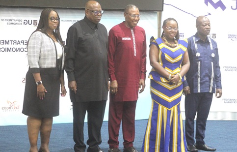 Prof. Nana Aba Appiah Amfo (2nd from right), Vice- Chancellor, University of Ghana, Legon and Chair of the Summit; Dr Clement Apaak (middle), Deputy Minister of Education; Emeritus Prof. Ernest Aryeetey (2nd  from left), former Vice-Chancellor, University of Ghana, with other dignitaries at the Ghana Higher Education Summit. Picture: ESTHER ADJORKOR ADJEI 