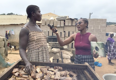 Doris Konadu (left), a fish processor at Cape Three Points, speaking to Joana Kumi, the journalist Doris Konadu (left), a fish processor at Cape Three Points, speaking to Joana Kumi, the journalist