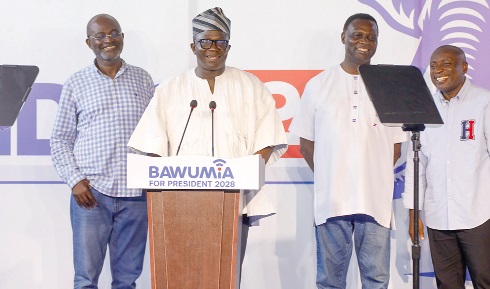 Dr Bryan Acheampong addressing the gathering at the NPP headquarters as the other contenders (from left) Ken Ohene Agyapong, Dr Yaw Osei Adutwum and Kwabena Agyei Agyepong look on Dr Bryan Acheampong addressing the gathering at the NPP headquarters as the other contenders (from left) Ken Ohene Agyapong, Dr Yaw Osei Adutwum and Kwabena Agyei Agyepong look on