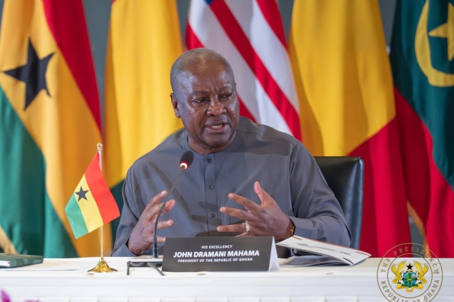 President John Mahama (6th from right) flanked by Joseph Nyuma Boakai (5th from right), President of the Republic of Liberia, and Julius Maada Bio (7th from left), President of the Republic of Sierra Leone, with other dignitaries after the event