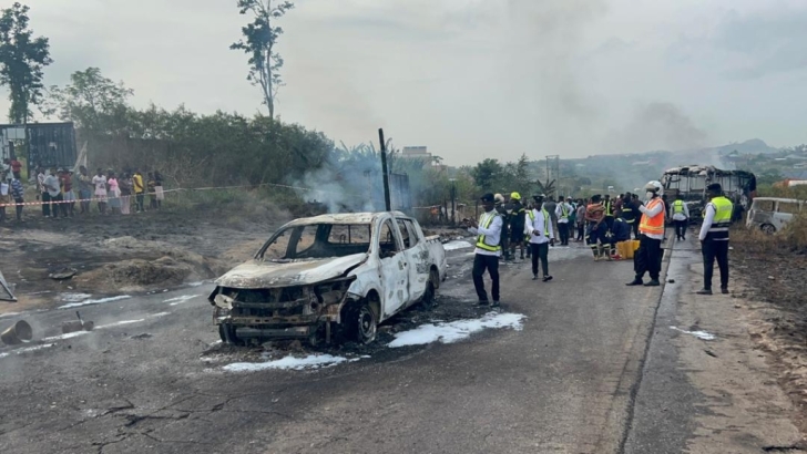 Three people burnt, several injured in Suhum-Accra tanker explosion after driver lost control according to police; 10 vehicles burnt