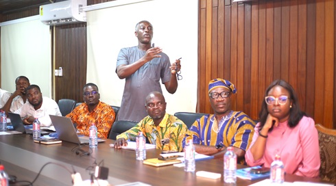 Ebenezer Ekuban (standing), Head of Fishing Gear Division, Fisheries Commission making a presentation on the audit of fishing gear. Picture: BENEDICT OBUOBI