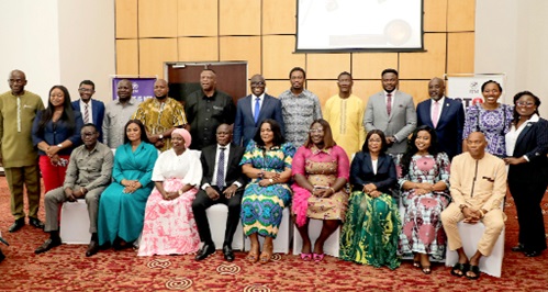 Ernest Yaw Anim (standing 7th from right), Chairman, Parliamentary Select Committee on Human Rights with Abena Anobea Asare (standing 2nd from right), Head of Human Trafficking Secretariat, Ministry of Gender, Children and Social Protection; DSP William Ayaregah (left), Director, Anti-Human Trafficking Unit of Ghana Police Service, and some members of Parliament after the forum. Picture: ELVIS NII NOI DOWUONA 