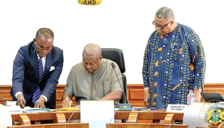 President Mahama (middle) assenting to the 24-Hour Economy Bill. With him are Goosie Tanoh (right), Presidential Advisor, 24-Hour Economy, and Ebenezer Djietror, Clerk to Parliament