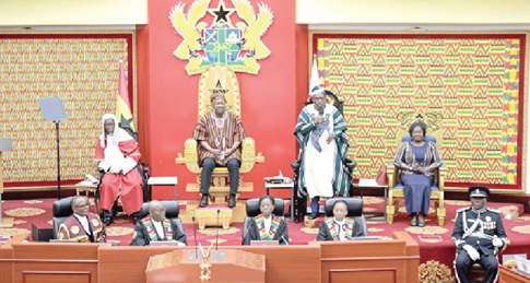 Alban Kingsford Bagbin (standing), Speaker of Parliament, addressing Parliament. Seated are President Mahama (2nd from left), Vice-President Naana Jane Opoku-Agyemang (right), and Justice Baffoe-Bonnie, Chief Justice Pictures: ELVIS NII NOI DOWUONA with additional files from the Presidency Alban Kingsford Bagbin (standing), Speaker of Parliament, addressing Parliament. Seated are President Mahama (2nd from left), Vice-President Naana Jane Opoku-Agyemang (right), and Justice Baffoe-Bonnie, Chief Justice Pictures: ELVIS NII NOI DOWUONA with additional files from the Presidency