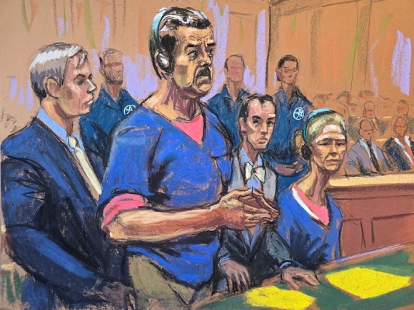 Venezuela's captured President Nicolas Maduro and his wife Cilia Flores attend their arraignment with defense lawyers Barry Pollack and Mark Donnelly to face U.S. federal charges including narco-terrorism, conspiracy, drug trafficking, money laundering and others, at the Daniel Patrick Moynihan United States Courthouse in Manhattan, New York City, U.S., January 5, 2026 in this courtroom sketch. REUTERS/Jane Rosenberg 