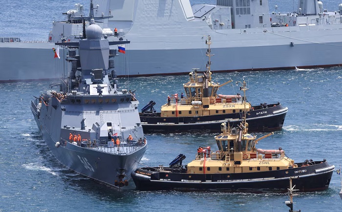 A Russian vessel arrives at the Simon's Town Naval base ahead of the BRICS Plus countries which include China, Russia and Iran for a joint naval exercises in South Africa's, in Cape Town, South Africa, January 9, 2026. REUTERS/Esa Alexander