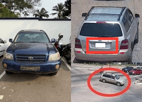 (Left) the Highlander vehicle when police impounded it on Jan 15, 2026 (right) the vehicle as captured by CCTV on the day of robber in Nov 2024