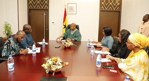 Samuel Okudzeto Ablakwa (in smock), Minister of Foreign Affairs, explaining a point to the delegation from GCGL during the meeting. Picture: EDNA SALVO KOTEY 