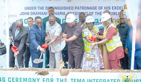 President Mahama (3rd from right) joined by Elizabeth Ofosu-Adjare (2nd from right), Kenneth Gilbert Adjei (right) and other dignitaries to cut the sod for the Tema Integrated Industrial Park project 