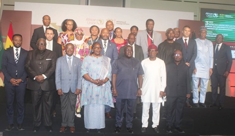 Julius Debrah (3rd from right), the Chief of Staff; Rebecca Amuge Otengo (middle), Uganda’s Permanent Representative to the AU and Chair of the African Union Peace and Security Council for July 2026; and Bankole Adeoye (2nd from right), AU Commissioner for Political Affairs, Peace and Security (in the front row), at the opening session of the Third AU Reflection Forum on Unconstitutional Changes of Government