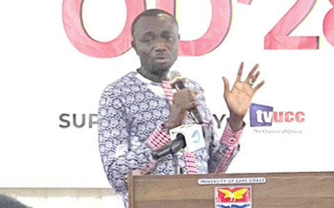Prof. Emmanuel Kwasi Abu, Director of STEM Studies, College of Distance Education, UCC, and Professor of Optometry, delivering scientific presentation, at the 2nd White Coat Ceremony and Refractive Error Day Symposium at UCC