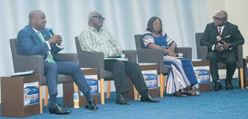 Samuel Abu Jinapor (left), former Minister of Lands and Natural Resources, in a panel discussion with Prof. John Owusu Gyapong (2nd from left), Secretary General, African Research Universities Alliance; Prof. Yaa Ntiamoa-Baidu (2nd from right), Chair, Centre for Biodiversity Conservation Research, and Alfred Ocansey (right), Journalist and moderator of the discussion. Picture: ERNEST KODZI