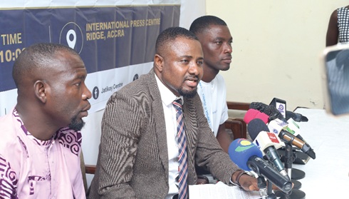 Adib Saani (middle), Executive Director, Jakitay Centre for Human Security and Peace Building, addressing the press conference. With him are Abraham Korbla Klutsey (right) and Yakub Alfa Suleiman (left). Picture: BENEDICT OBUOBI