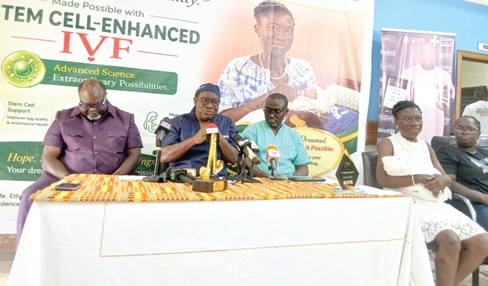 Doris Anum-Dorhuso, the 61-year-old with her daughter, Naa Dromo, the two medical specialists that saw her through the process - Dr Richard Asamoah (extreme right), Specialist Obsterician Gynaecologist and Stem Cell Practitioner, and Dr  Davis Kofie Adedze (middle), Director and Chief Executive Officer of Mary-Lucy Hospital, Awoshie in Accra, at the press conference. On the extreme left is Christian Owusu-Boateng, Chief Administrator of the hospital