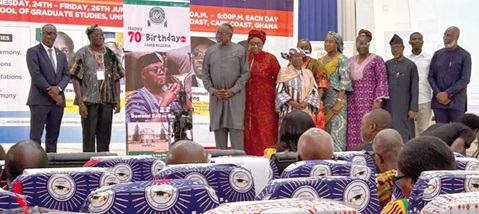 Prof. Emmanuel Adow Obeng (3rd from left), former Vice Chancellor of the University of Cape Coast, with Prof. Domwin Dabire Kuupole (2nd from left), also former VC, UCC, at a conference held in his honour with other invited guests