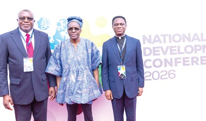 Dr Samuel Ofofu-Ampofo (left), Policy Advisor for Political Affairs at the Office of the Vice-President, with Alban Bagbin (middle), Speaker of Parliament, and Apostle Dr Eric Nyamekye, Chairman of the Church of Pentecost, at the National Development Conference