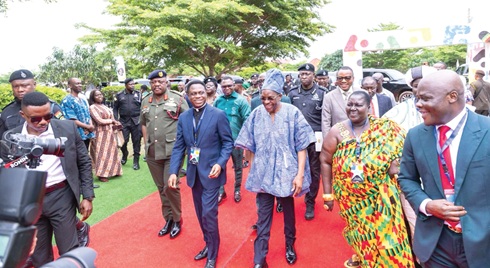 Alban Bagbin (3rd from left), Speaker of Parliament, being welcomed to the conference by Apostle Dr Eric Nyamekye (2nd from left), Chairman of the Church of Pentecost, and other dignitaries including Lt. General, William Agyapong (left), Chief of Defence Staff, and Ahmed Ibrahim (right), Minister of Local Government, Chieftaincy and Religious Affairs