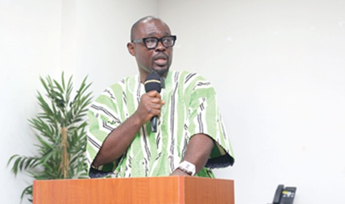 Dr Gad Asorwoe Akwensivie (right), Administrator of Stool Lands, delivering the keynote address at the stakeholder sensitisation workshop held in Accra. Picture: BENEDICT OBUOBI