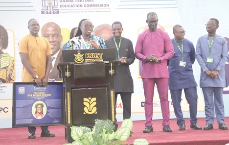 Prof. Rita Akosua Dickson (with mic) addressing the gathering after receiving the maiden GTEC meritorious award