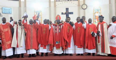Rt. Rev. Oscar Christian Amoah (arrowed middle), Bishop of Kumasi Diocese, introducing the newly ordained priests to the congregation after their ordination