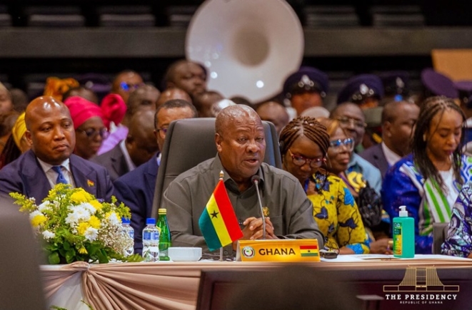 President John Dramani Mahama speaking at the 69th Ordinary Summit of the ECOWAS Authority of Heads of State and Government in Lungi, Sierra Leone