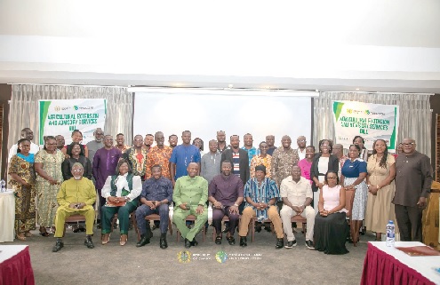 John Setor Dumelo (seated 4th from right), Deputy Minister of Food and  Agriculture, with other dignitaries and participants after the stakeholder engagement