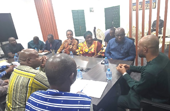 Eric Opoku (1st from right), Minister of Food and Agriculture, and Elizabeth Ofosu-Adjare (2nd from right), Minister of Trade, Agribusiness and Industry, with the Ghanaian delegation during the meeting with the Burkina Faso officials