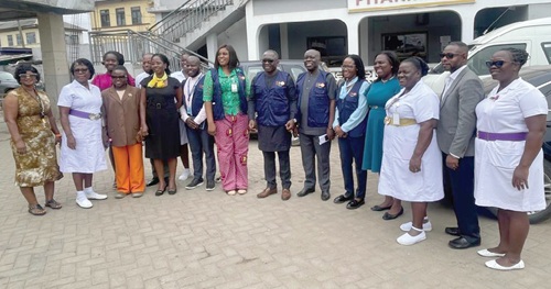 Dr Sennen Hounton (7th from right), Regional Director for West and Central Africa of the UNFPA, with Dr Philomina Bonsu (6th from left), Medical Superintendent of Ussher Hospital, and staff of the Ussher Hospital and UNFPA