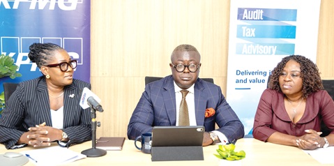 Justina Amartey-Kwei (left), Partner on Tax, KPMG, addressing a press conference on the 2026 Mid-year Budget Review. With her are Kwame Sarpong Barnieh (middle), Partner and Head of Advisory, KPMG, and Joyceline Coleman (right), Partner, Accounting