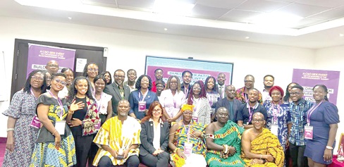 Dr Ignatius A. Awinibuno (seated left), Director, Allied Health, Ministry of Health; Francoise Vanni (seated 2nd from left), Director, External Relations, Global Fund, with other participants after the meeting
