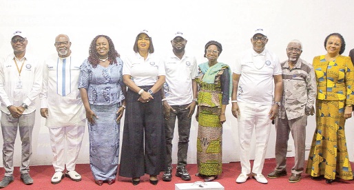 Rita Naa Odoley Sowah (3rd from left), Deputy Minister of Local Government, Chieftaincy and Religious Affairs, with Naa Amorkor Shika Futru I (4th from left), Head of Women Banking, Stanbic Bank, Ghana; Ebenezer Otoo (left), CEO of the Blue Economy and Fisheries Transformation Initiative, and other dignitaries after the event. Picture: CALEB VANDERPUYE