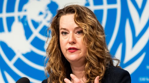 U.S. Amy Pope, Director General of the International Organization for Migration (IOM), briefs the media on Protecting Victims of Trafficking in Online Scam Operations, during a press briefing, at the European headquarters of the United Nations in Geneva
