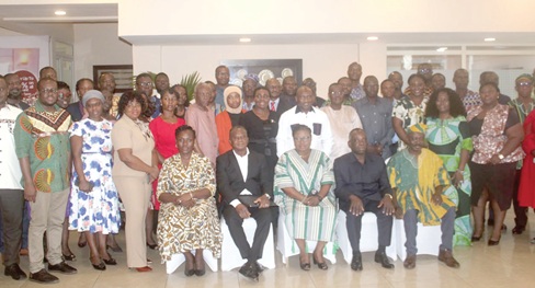 Lydia Lamisi Akanvariba (seated middle), Minister of State for Public Sector Reforms; Dr Evans Aggrey-Darkoh (seated  2nd right), Head, Civil Service and Vice-Chair, Technical Oversight Committee on NPSRS II; Kizito Ballans (seated 2nd from left), Technical Advisor to Deputy Chief of Staff in charge of Administration, Nana Oye Bampoe, and Thelma Ohene-Asiamah (seated left), Director of General Administration, Public Sector Reforms Secretariat, with the participants after the stakeholder validation workshop