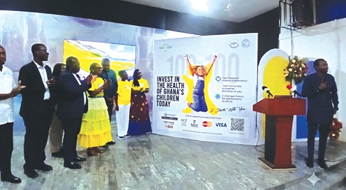 Michael Harry Yamson (extreme right), the Administrator of the District Assemblies Common Fund, Dr Frank Owusu-Sekyere (3rd from left), Director, Medical Affairs of Korle Bu Teaching Hospital, and Prof. Catherine Segbefia (4th from right), Head of Department of Child Health, at the  launch of the 100 X 100 Child Health Campaign by the Department of Child Health of the KBTH