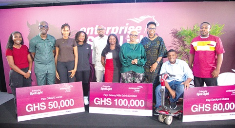 Bridget Eshun (5th from right), winner, Enterprise Spotlight Challenge, with Albert Ocran (2nd from left), Technical Director, SRSF, Comfort Ocran (4th from right), Executive Director, SRSF, other winners and judges  
