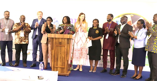 Rita Naa Odoley Sowah (5th from left), Deputy Minister of Local Government, Chieftaincy, and Religious Affairs; Suweibatu Adam (4th from left), Chief Director, Ministry of Environment, Science and Technology; Willhelm Hugo (3rd from left), Cluster Coordinator, NIED, GIZ; Thomas Korley (right), Head of Zoomlion Foundation, and other dignitaries launching the Innowaste Project Picture: EDNA SALVO KOTEY