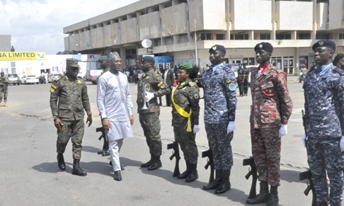 Muntaka Mohammed-Mubarak, Minister for the Interior, inspecting a quarter guard at the Aflao Border Post