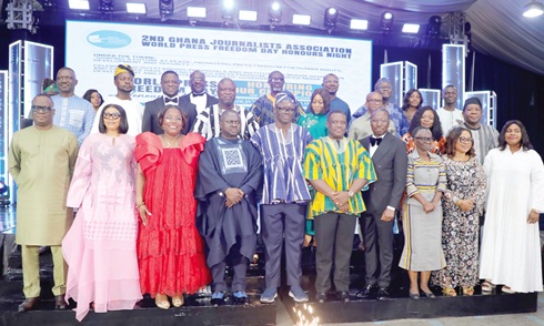 Nana Oye Bampoe Addo (3rd from left), Deputy Chief of Staff, Samuel Nartey George (5th from right), Minister of Communications, Alexander Afenyo-Markin (4th from right), Minority Leader; Albert Kwabena Dwumfour (4th from left), President, GJA, and other dignitaries after the event. Picture: ELVIS NII NOI DOWUONA 