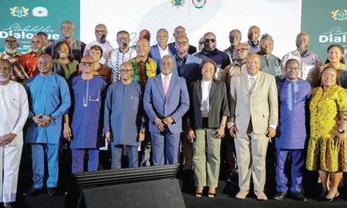 Ahmed Ibrahim (middle), Minister for Local Government, Chieftaincy and Religious Affairs, with Rita Naa Odoley Sowah (4th from right), Deputy Minister for Local Government, Chieftaincy and Religious Affairs; Dr Michael Mensah (2nd from left), Municipal Chief Executive of Ayawaso West Municipal Assembly; Joseph Siaw Agyepong (2nd from right), President, Environmental Service Providers Association, and some dignitaries after the meeting. Picture: ELVIS NII NOI DOWUONA 